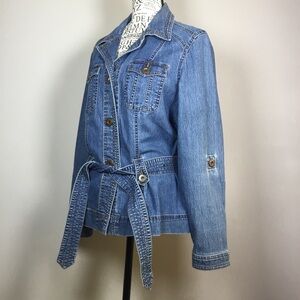 Medium blue denim jacket with belt at the waist western hippie boho size M
